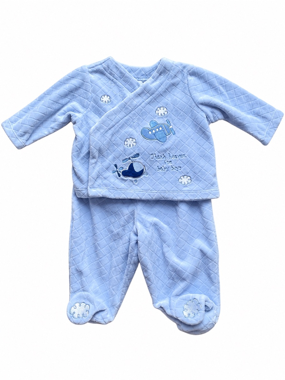 Vintage Baby Outfit Boy 0/3 Months Blue Airplane Helicopter Layette Set Like New